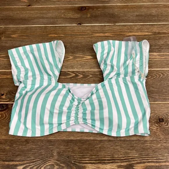 NWT Kenny Flowers The Lanai Sleeved Bikini TOP Sz Medium Light Blue Teal & White - Picture 2 of 6